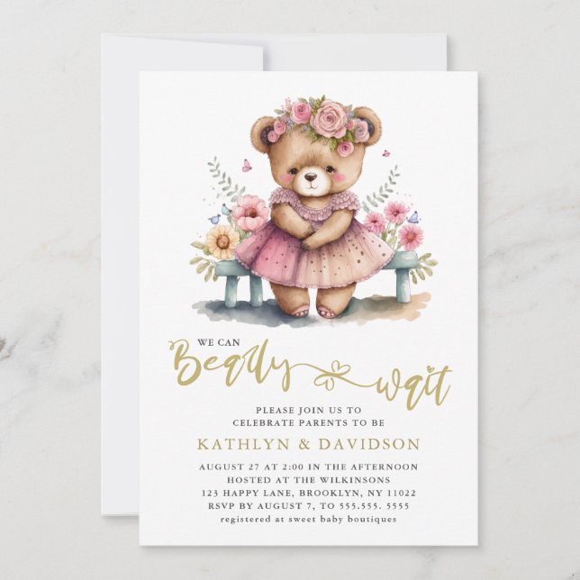 Invitation On Peut Attendre Le Baby shower Rose Floral Fille (Devant)