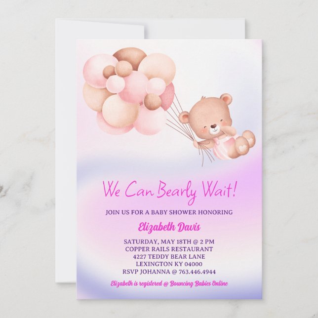Invitation On Peut Attendre Le Baby shower Rose Violet Fille (Devant)