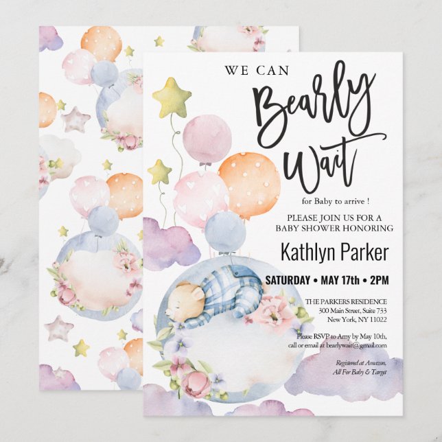 Invitation On Peut Attendre Le Baby shower Teddy Bear Garçon (Devant / Derrière)