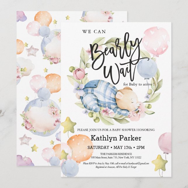 Invitation On Peut Attendre Le Baby shower Teddy Bear Garçon (Devant / Derrière)