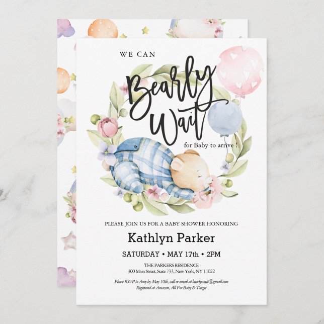 Invitation On Peut Attendre Le Baby shower Teddy Bear Garçon (Devant / Derrière)