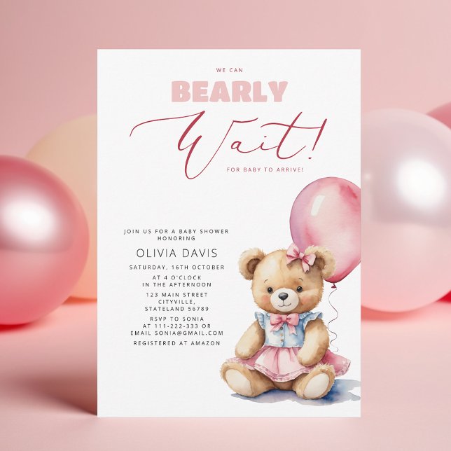 Invitation On Peut Attendre L'Ours Baby shower Fille Balloon (Créateur téléchargé)