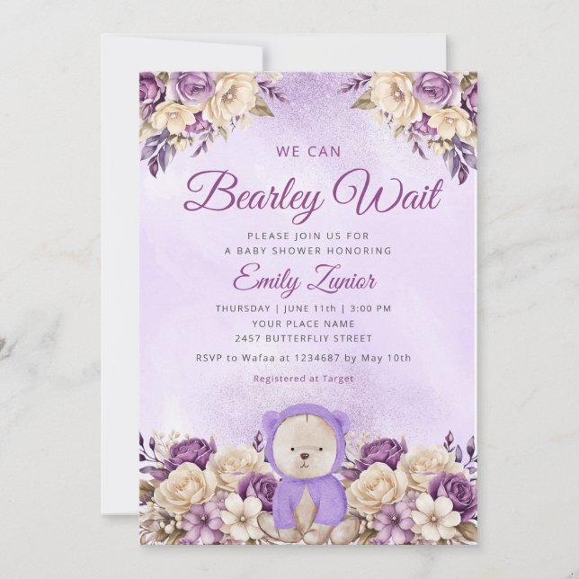 Invitation On peut attendre mignon baby shower fleuri violet (Devant)