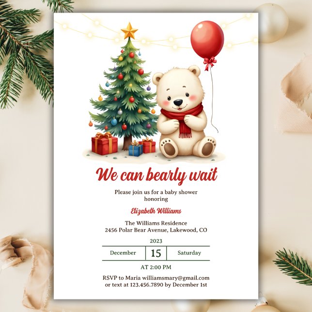 Invitation On peut attendre mignon Ours Baby shower de Noël (We Can Bearly Wait | Cute Polar Bear Christmas Themed Baby Shower Invitation)