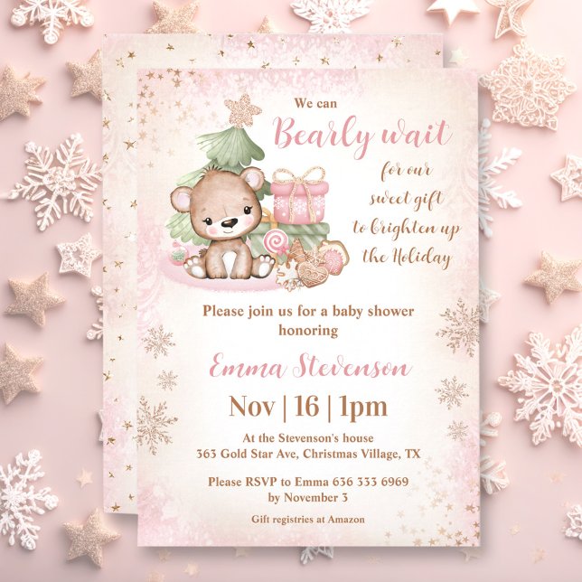 Invitation On peut attendre Noël Ours rose Baby shower (We Can Bearly Wait Christmas Bear Pink Baby Shower Invitation)