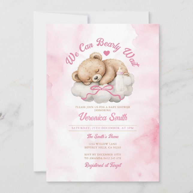 Invitation On peut attendre Pink Bow Bear Girl Baby shower (Devant)