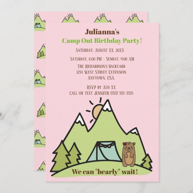 Invitation On Peut Attendre Pink Camp Sortir Fête d'Anniversa (Devant / Derrière)