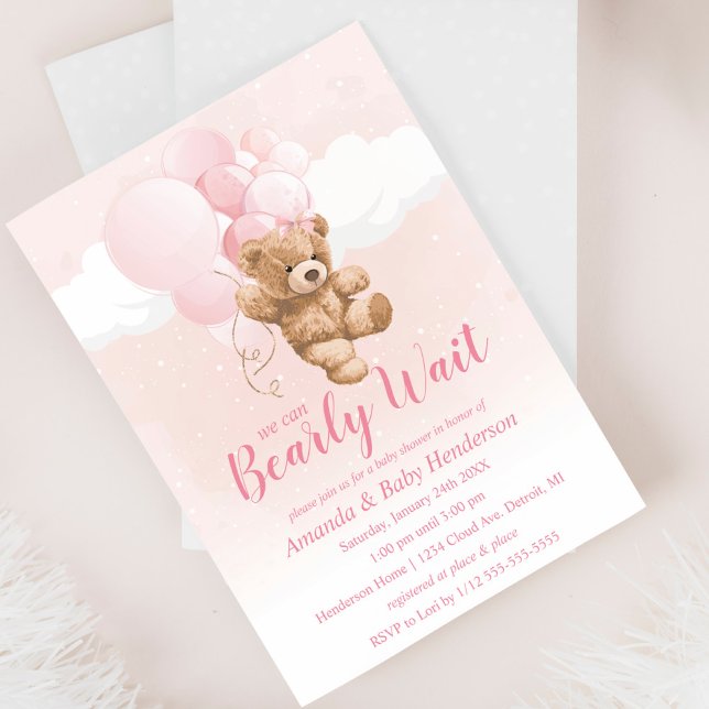 Invitation On peut attendre rose Teddy Bear Baby shower (Créateur téléchargé)