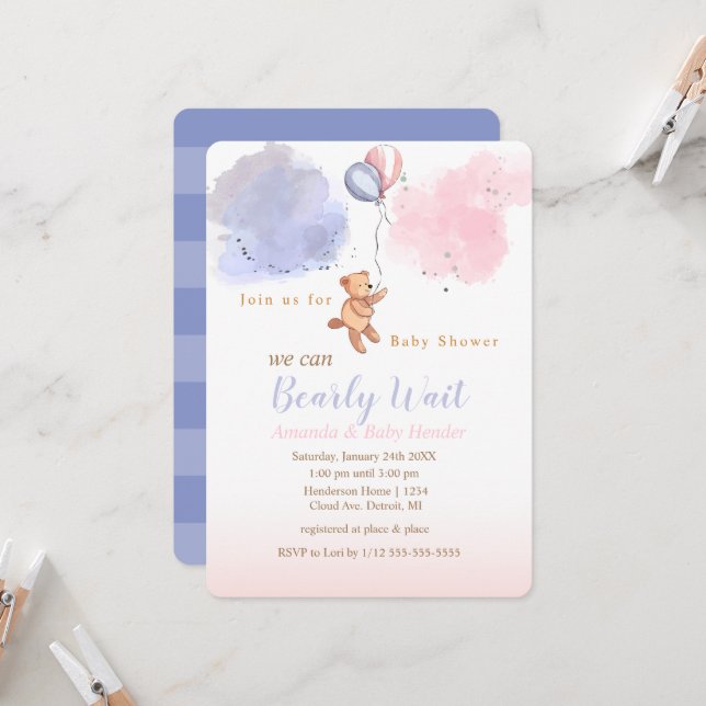 Invitation On Peut Attendre Teddy Bear Baby shower (Devant/Arrière en situation)