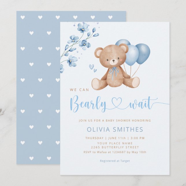 Invitation On Peut Attendre Teddy Bear Baby shower (Devant / Derrière)