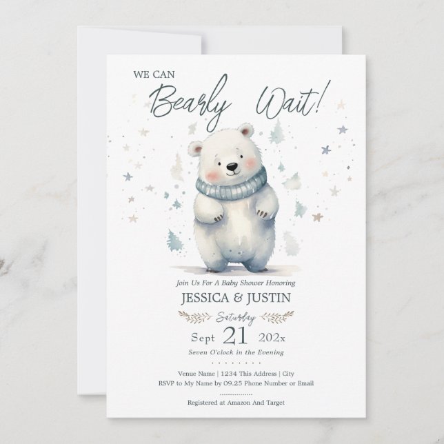 Invitation On Peut Attendre Teddy Bear Baby shower d'hiver (Devant)