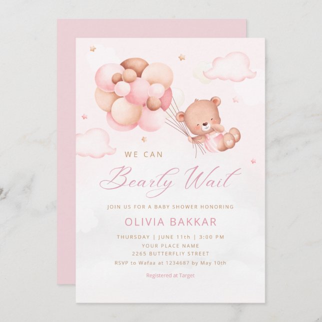 Invitation On peut attendre Teddy Bear Baby shower fille (Devant / Derrière)