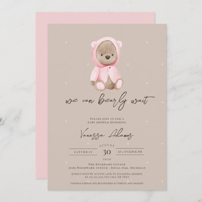 Invitation On peut attendre Teddy Bear Baby shower fille (Devant / Derrière)