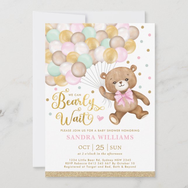 Invitation On peut attendre Teddy Bear Baby shower fille (Devant)
