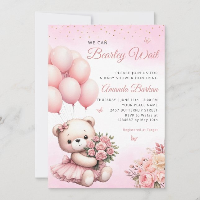 Invitation On peut attendre Teddy Bear Baby shower fille (Devant)