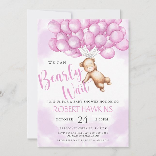 Invitation On peut attendre Teddy Bear Baby shower fille (Devant)