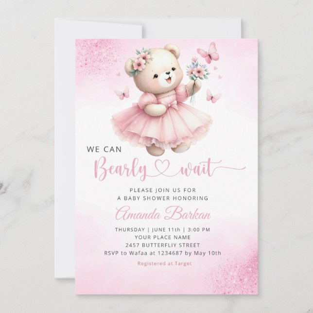 Invitation On peut attendre Teddy Bear Baby shower fille (Devant)