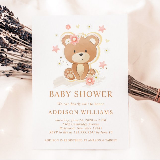 Invitation On peut attendre Teddy Bear Baby shower fille (Créateur téléchargé)