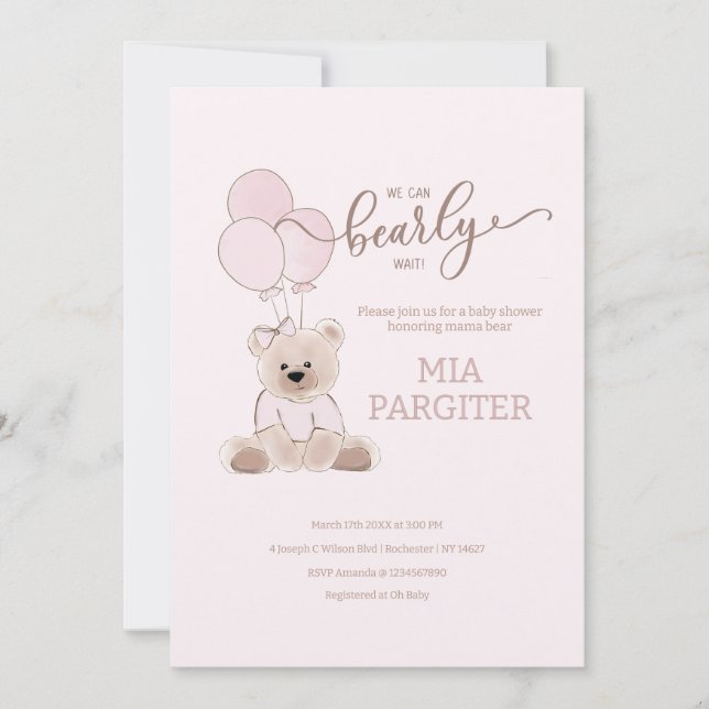 Invitation On Peut Attendre Teddy Bear Baby shower rose (Devant)
