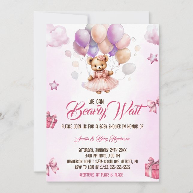 Invitation On peut attendre Teddy Bear Baby shower rose (Devant)