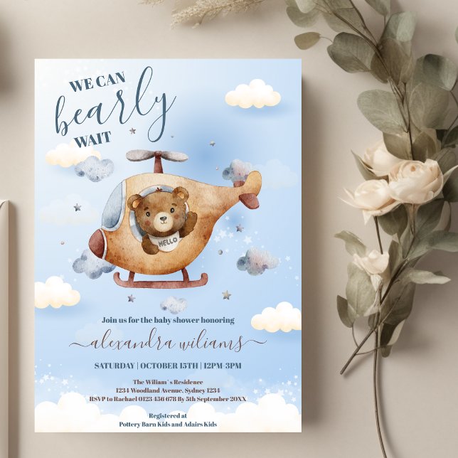 Invitation On Peut Attendre Teddy Bear Blue Boy Baby shower (Créateur téléchargé)