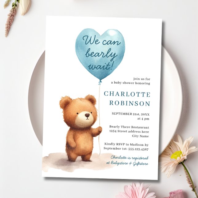 Invitation On Peut Attendre Teddy Bear Blue Boy Baby shower (Créateur téléchargé)