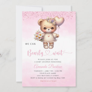 Invitation On peut attendre Teddy Bear Girl Baby shower