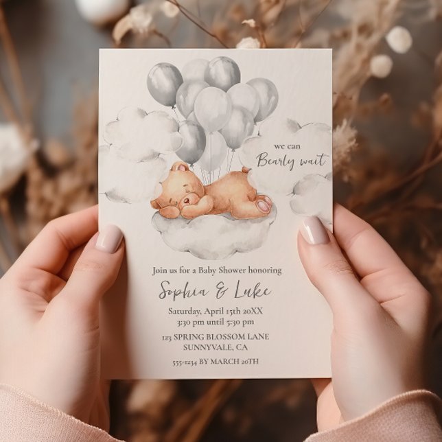 Invitation On peut attendre Teddy Bear Grey Boy Baby shower (Créateur téléchargé)