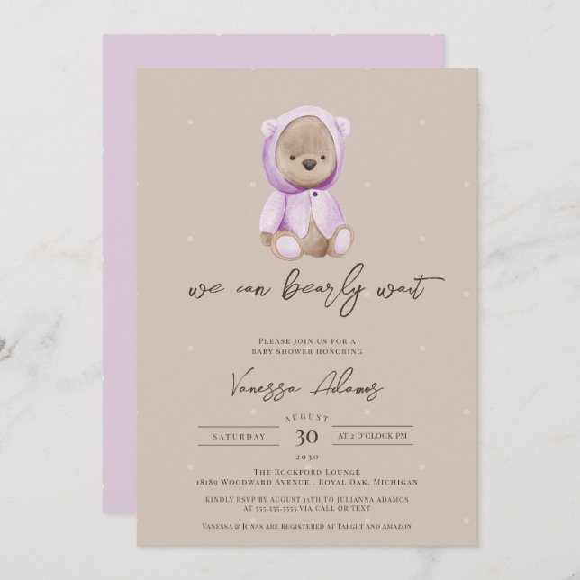 Invitation On Peut Attendre Teddy Bear Purple Baby shower (Devant / Derrière)