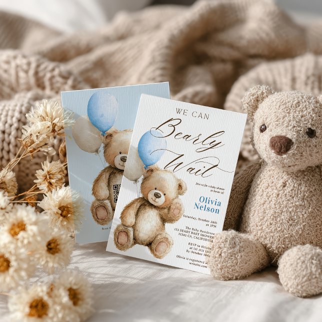 Invitation On peut attendre Teddy Bear QR Boy Baby shower (We Can Bearly Wait Teddy Bear QR Boy Baby Shower Invitation)