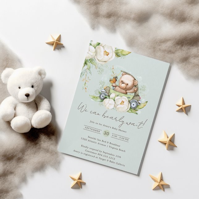 Invitation On Peut Attendre Teddy Bear Sage Baby shower (Créateur téléchargé)