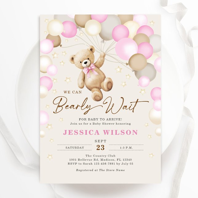 Invitation On Peut Attendre Teddy Ours Bébé Fille Douche (Créateur téléchargé)