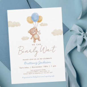 Invitation On peut attendre tôt Teddy Bear Baby shower Bleu