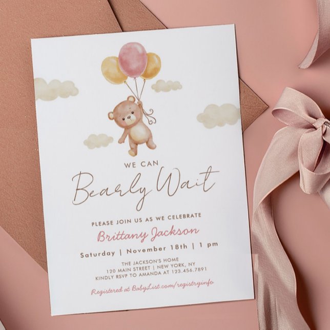 Invitation On peut attendre tôt Teddy Bear Baby shower rose (Créateur téléchargé)