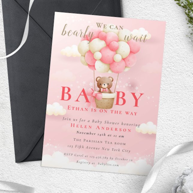 Invitation On peut attendre tôt Teddy Bear Baby shower rose (Teddy Bear Balloon Girl Bearly Wait Baby Shower Invitation)