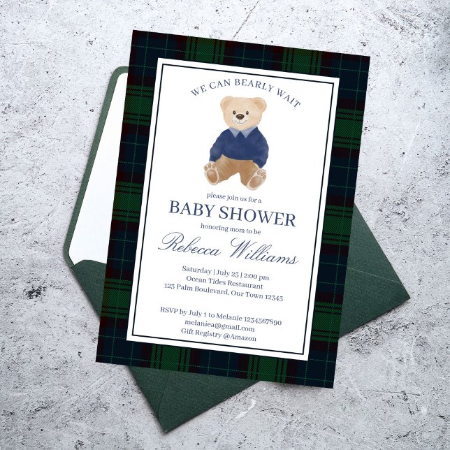 Invitation On peut attendre un baby shower plaid classique (We can bearly wait classic navy blue green plaid teddy bear baby shower invitation cards template)
