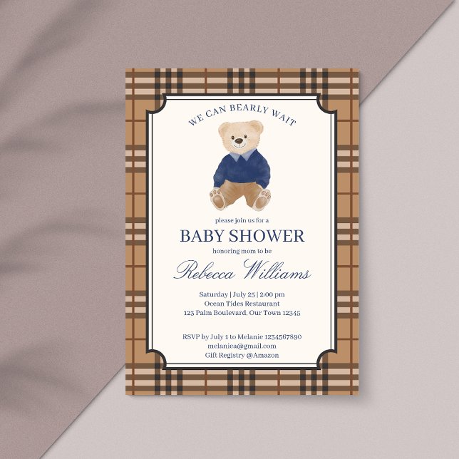 Invitation On peut attendre un baby shower plaid classique (We can bearly wait classic brown plaid teddy bear elegant baby shower invitation cards template)