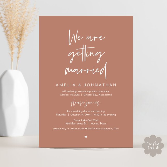 Invitation On se marie, Elopement Dinner Dancing (We are getting married, Elopement Dinner Dancing Invitation Card PDF Terracotta Brown Earthy)