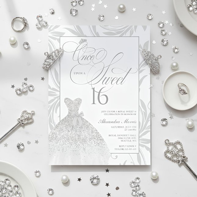 Invitation Once Upon a Sweet 16 Silver Princess Birthday (Elegant Silver Princess Sweet 16 Birthday Invitation)
