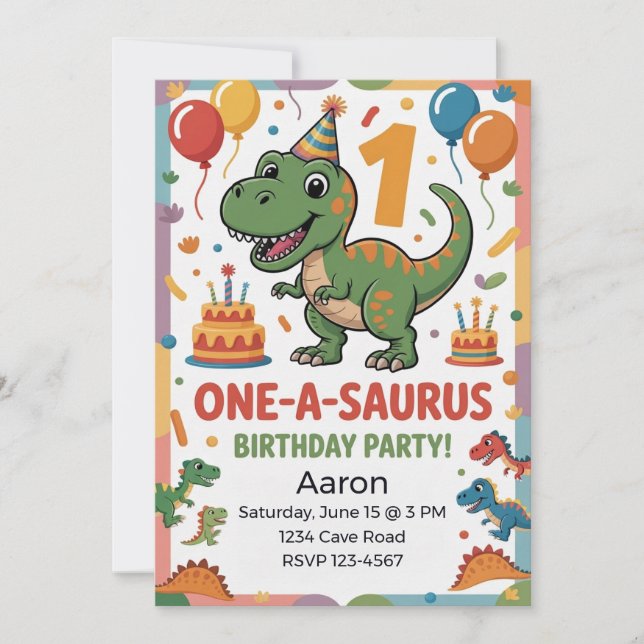 Invitation One-A-Saurus 1er Anniversaire | Dinosaure Vert (Devant)