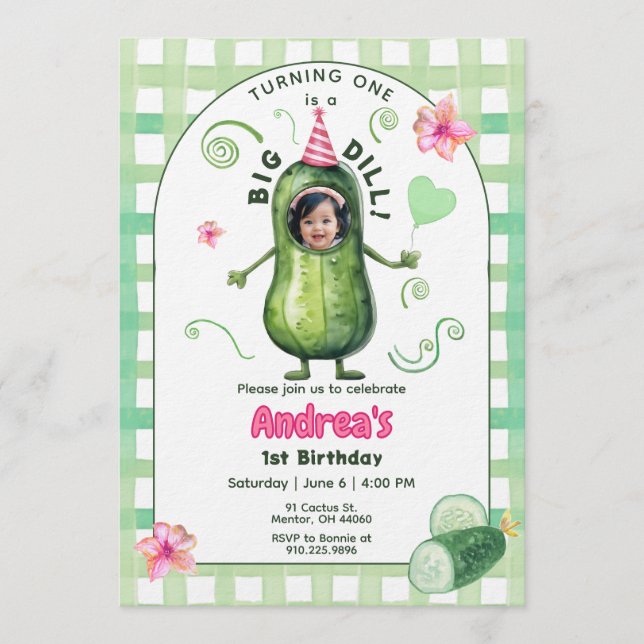Invitation One Big Dill Pickle First Birthday Pink Photo (Devant)