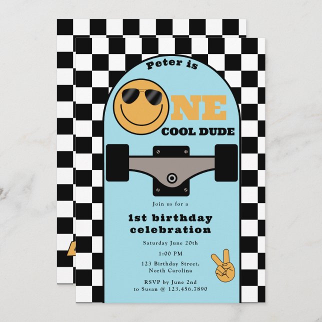 Invitation One Cool Dude Invite 1st First Birthday Skateboard (Devant / Derrière)