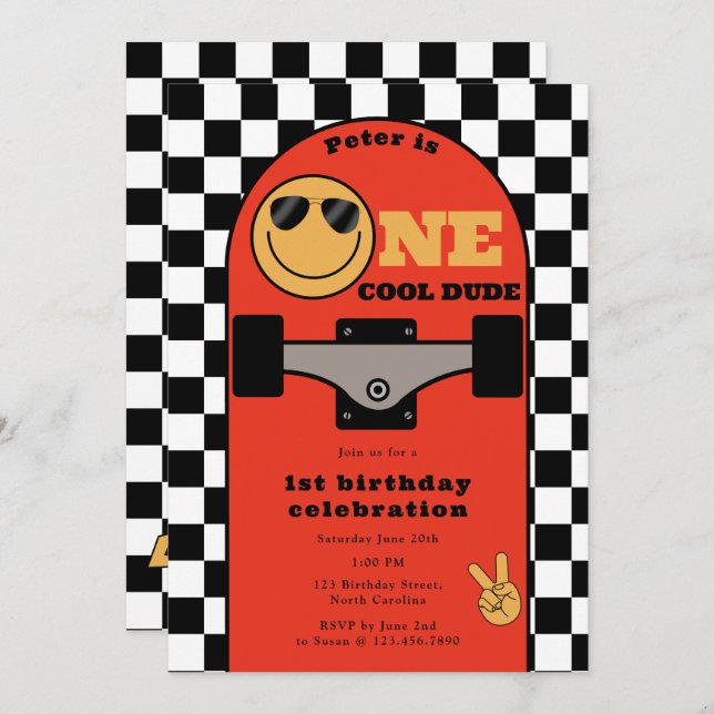 Invitation One Cool Dude Invite 1st First Birthday Skateboard (Devant / Derrière)
