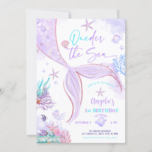 Invitation ONE der the Sea Mermaid Purple Turquoise Premier a