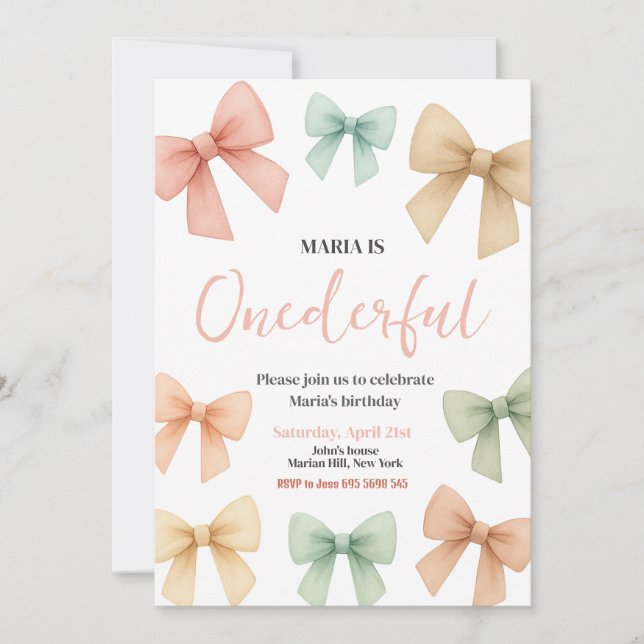 Invitation ONE derful Coquette Bow Pastel Fête d'Anniversaire (Devant)
