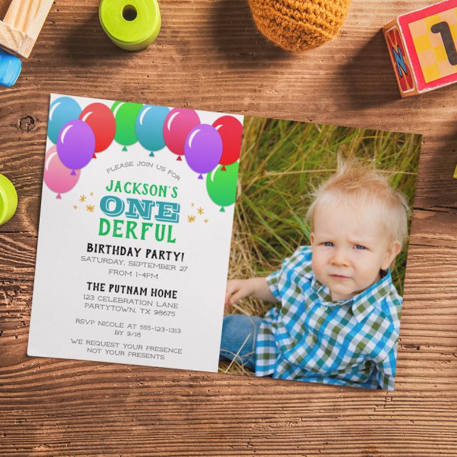 Invitation ONE derful First Birthday Balloon Green Photo (Créateur téléchargé)