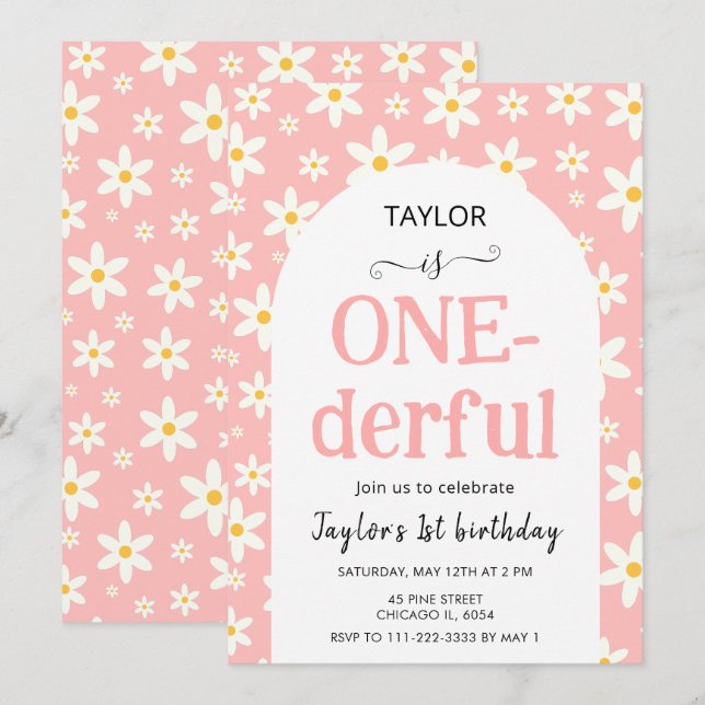 Invitation "ONE-derful" Rose Daisy pour 1er Annive (Devant / Derrière)