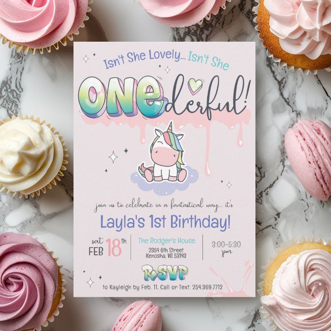 Invitation ONE derful Unicorn Rainbow Rose fille 1er annivers (ONEderful cute girly kawaii unicorn rainbow pink purple graffiti magic girl birthday invitation)