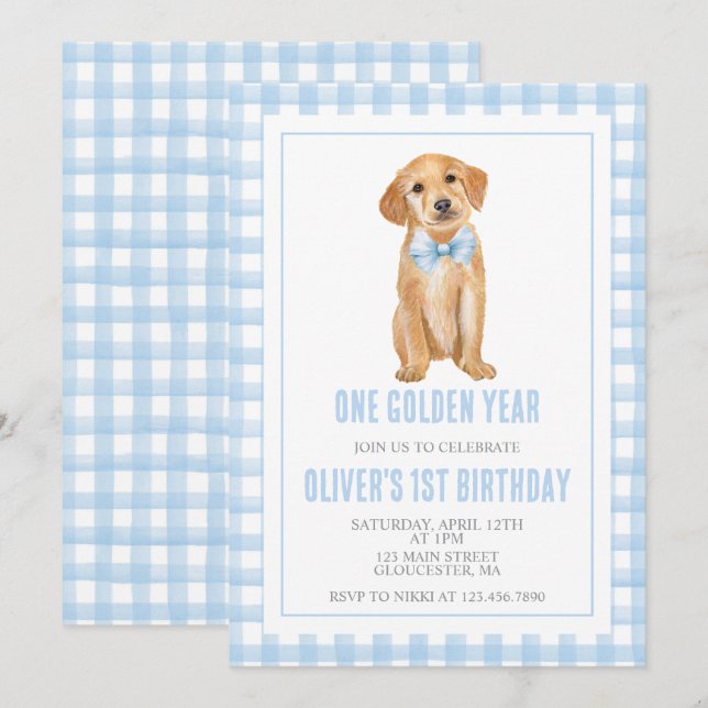 Invitation One Golden Year Puppy preppy plaid birthday (Devant / Derrière)