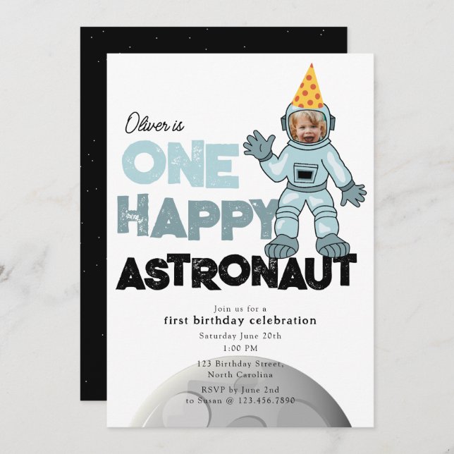 Invitation One Happy Astronaut Photo 1st  First Birthday (Devant / Derrière)
